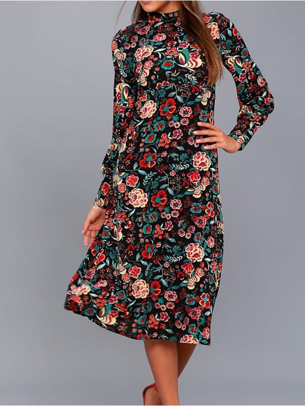 Lulus Floral Print Long Sleeve Midi Dress Size S